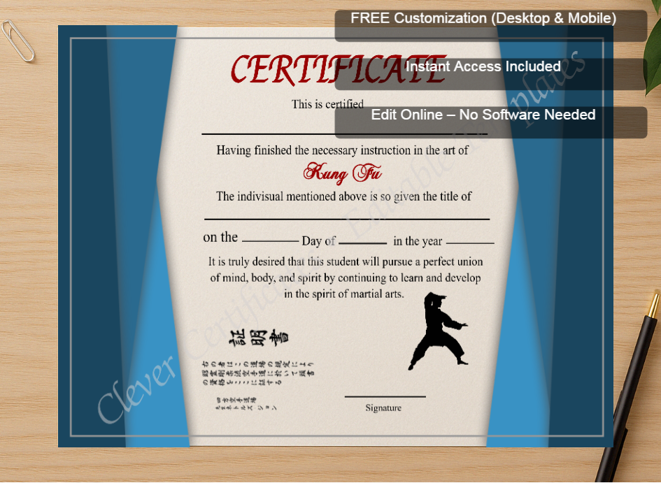Zoomed preview with Free Editor badge stack for Printable Shin Ji Kung Fu Certificate