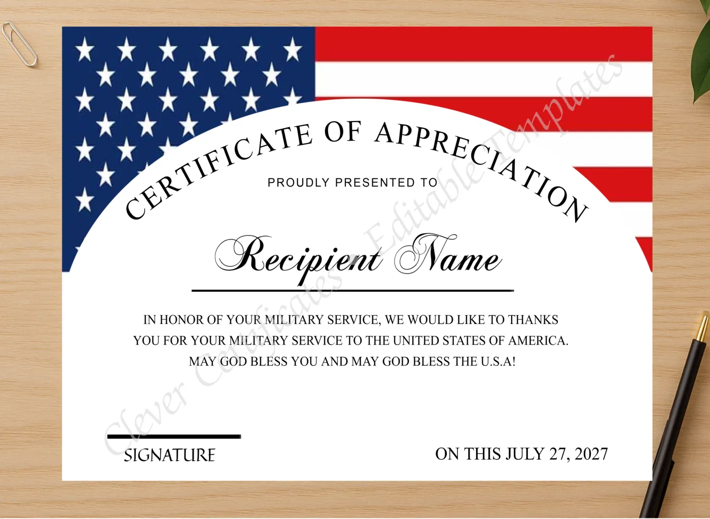 Professional preview of EDITABLE APPRECIATION DESIGN certificate on high-quality stationery paper, ideal for showcasing the final look.