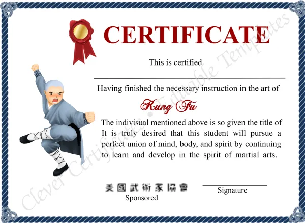 Editable Shaolin Kung Fu Certificates