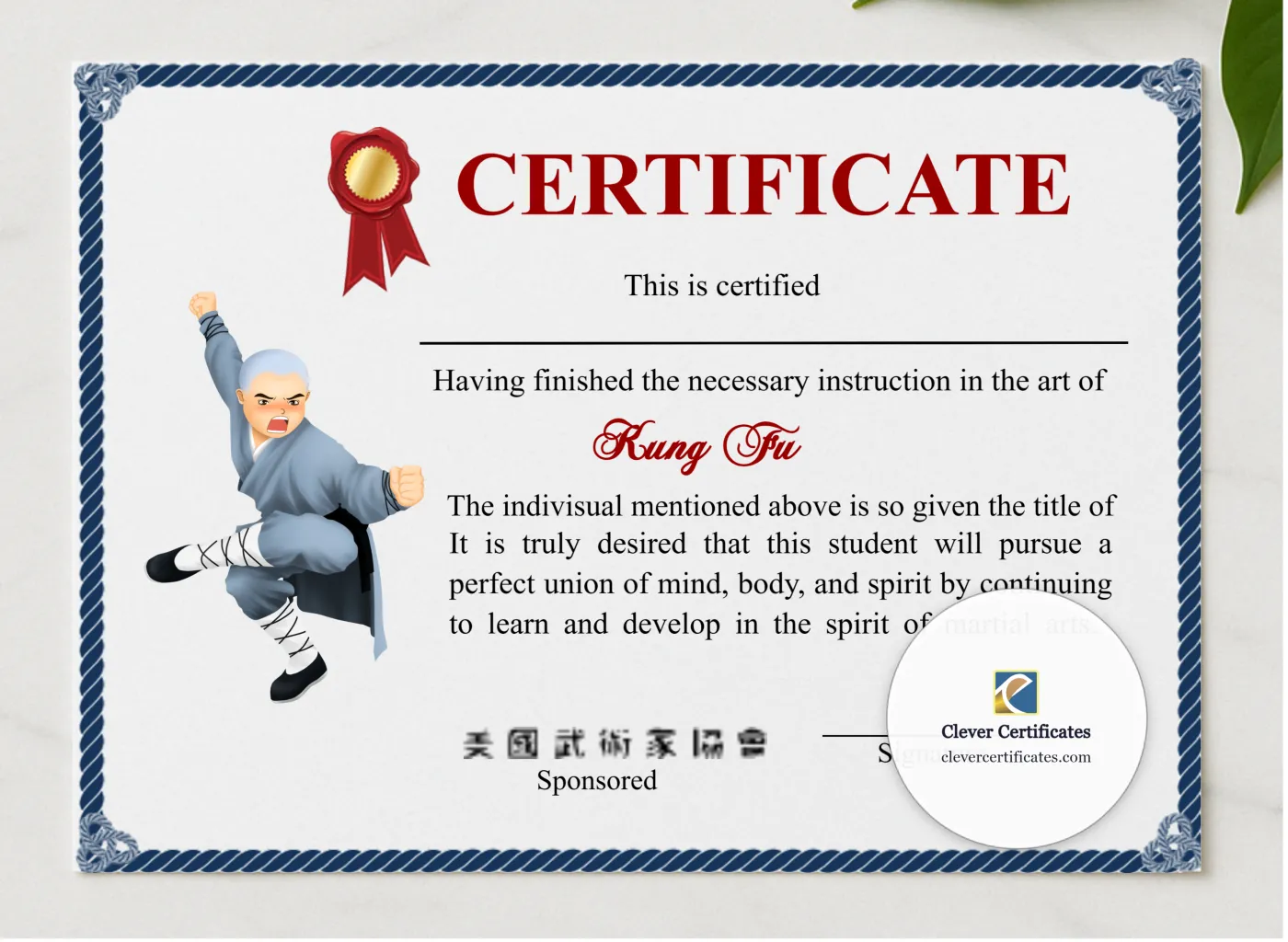 Editable Shaolin Kung Fu Certificates presented in a sleek wooden frame, elegantly arranged on a stylish table.