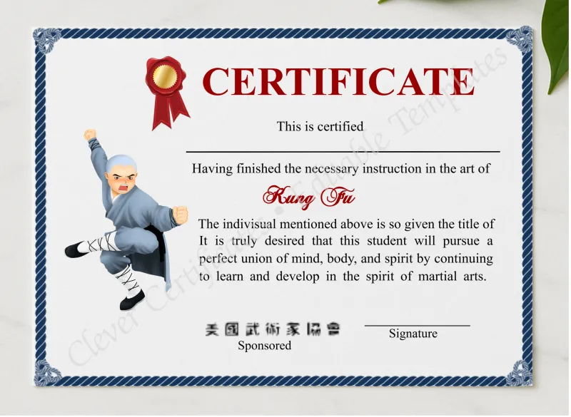 Editable Shaolin Kung Fu Certificates presented in a sleek wooden frame, elegantly arranged on a stylish table.