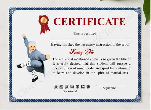 Editable Shaolin Kung Fu Certificates presented in a sleek wooden frame, elegantly arranged on a stylish table.