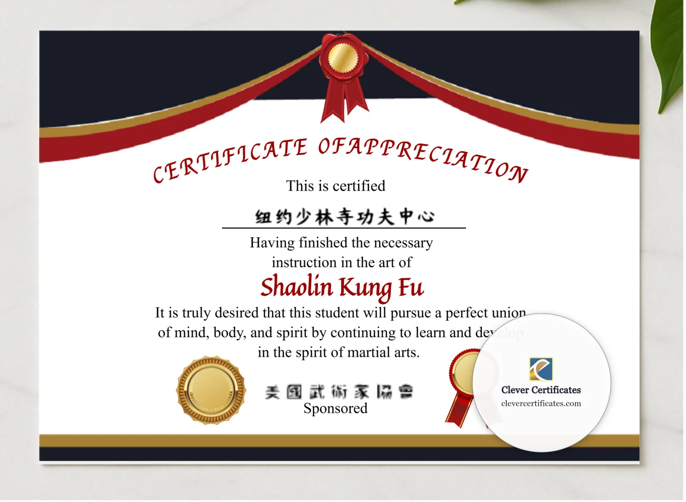 Editable Modern Shaolin Kung Fu Certificate presented in a sleek wooden frame, elegantly arranged on a stylish table.