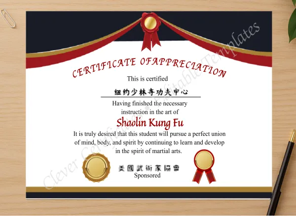 Professional preview of Editable Modern Shaolin Kung Fu Certificate certificate on high-quality stationery paper, ideal for showcasing the final look.