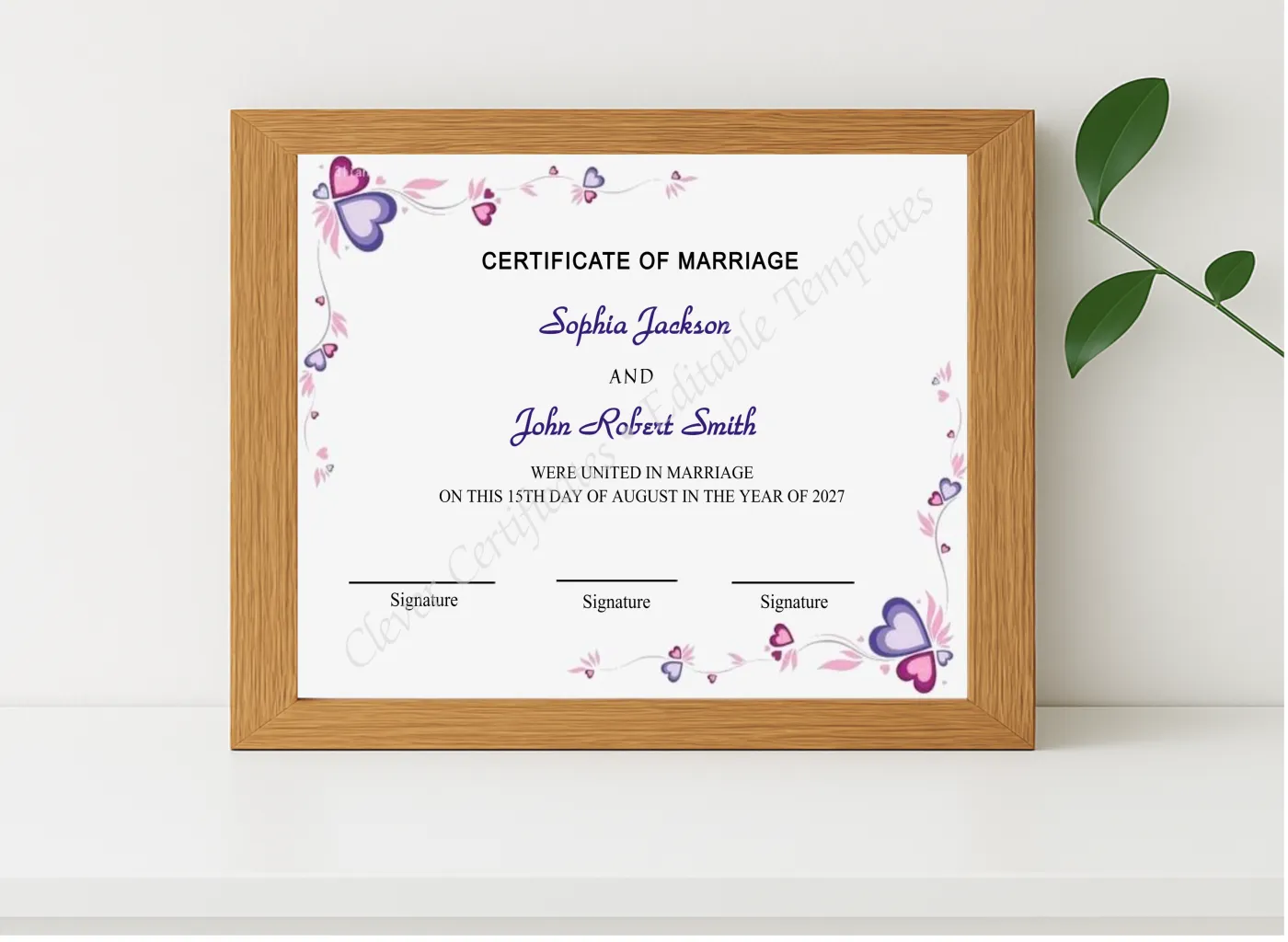 Realistic mockup featuring Marriage Certificate Design displayed within a modern frame, set against a minimalistic background.