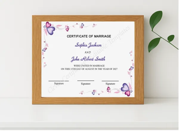 Realistic mockup featuring Marriage Certificate Design displayed within a modern frame, set against a minimalistic background.
