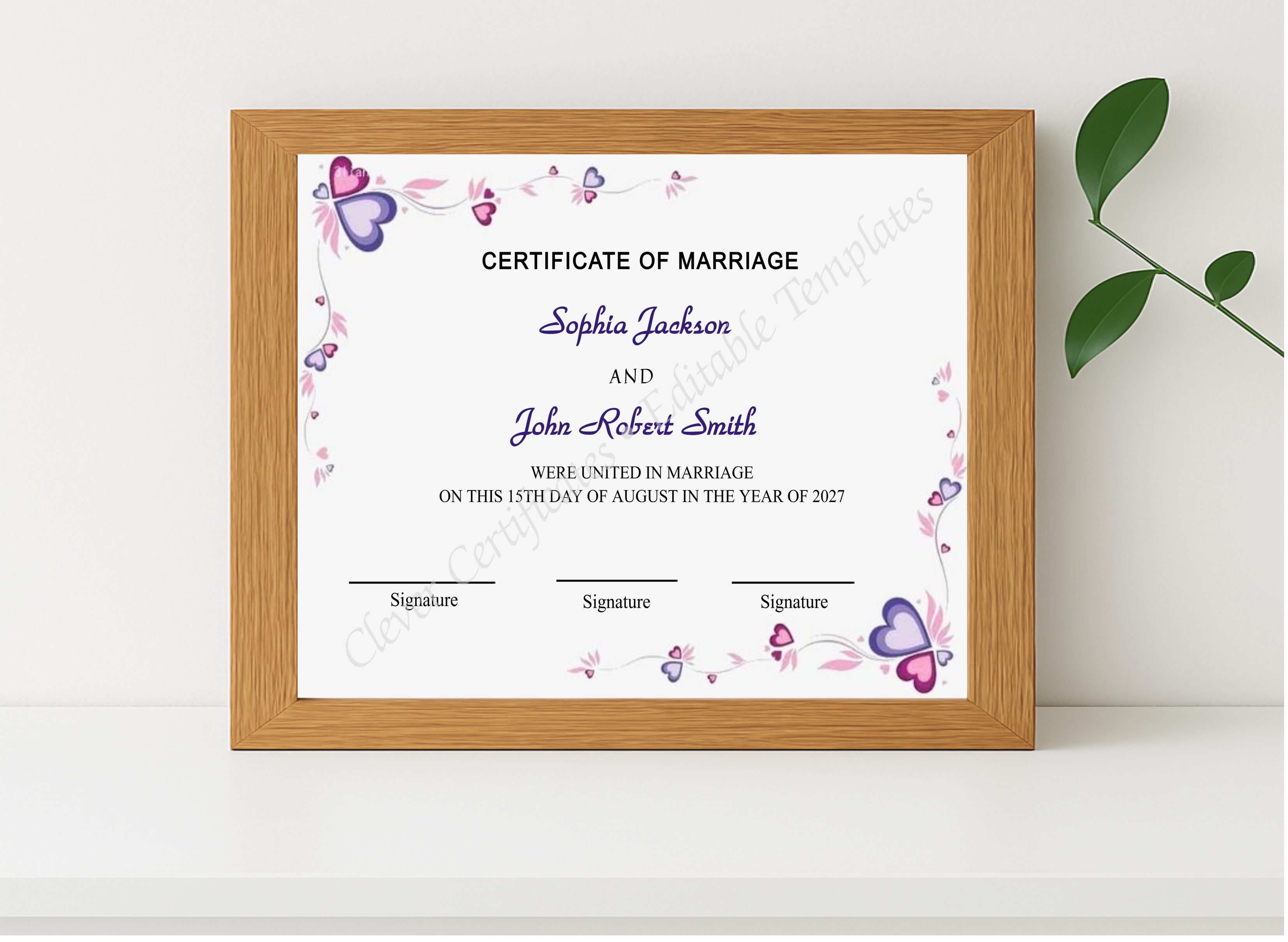 Realistic mockup featuring Marriage Certificate Design displayed within a modern frame, set against a minimalistic background.