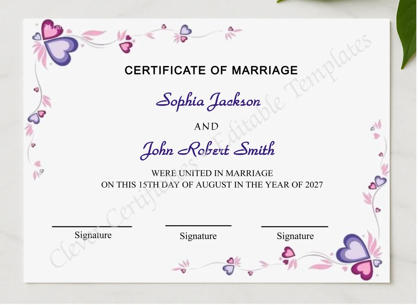 Marriage Certificate Design presented in a sleek wooden frame, elegantly arranged on a stylish table.