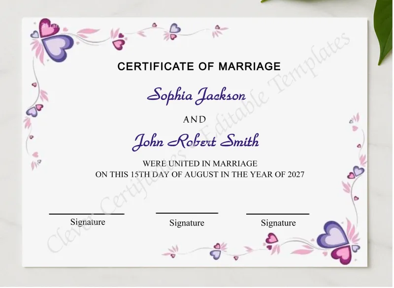 Marriage Certificate Design presented in a sleek wooden frame, elegantly arranged on a stylish table.
