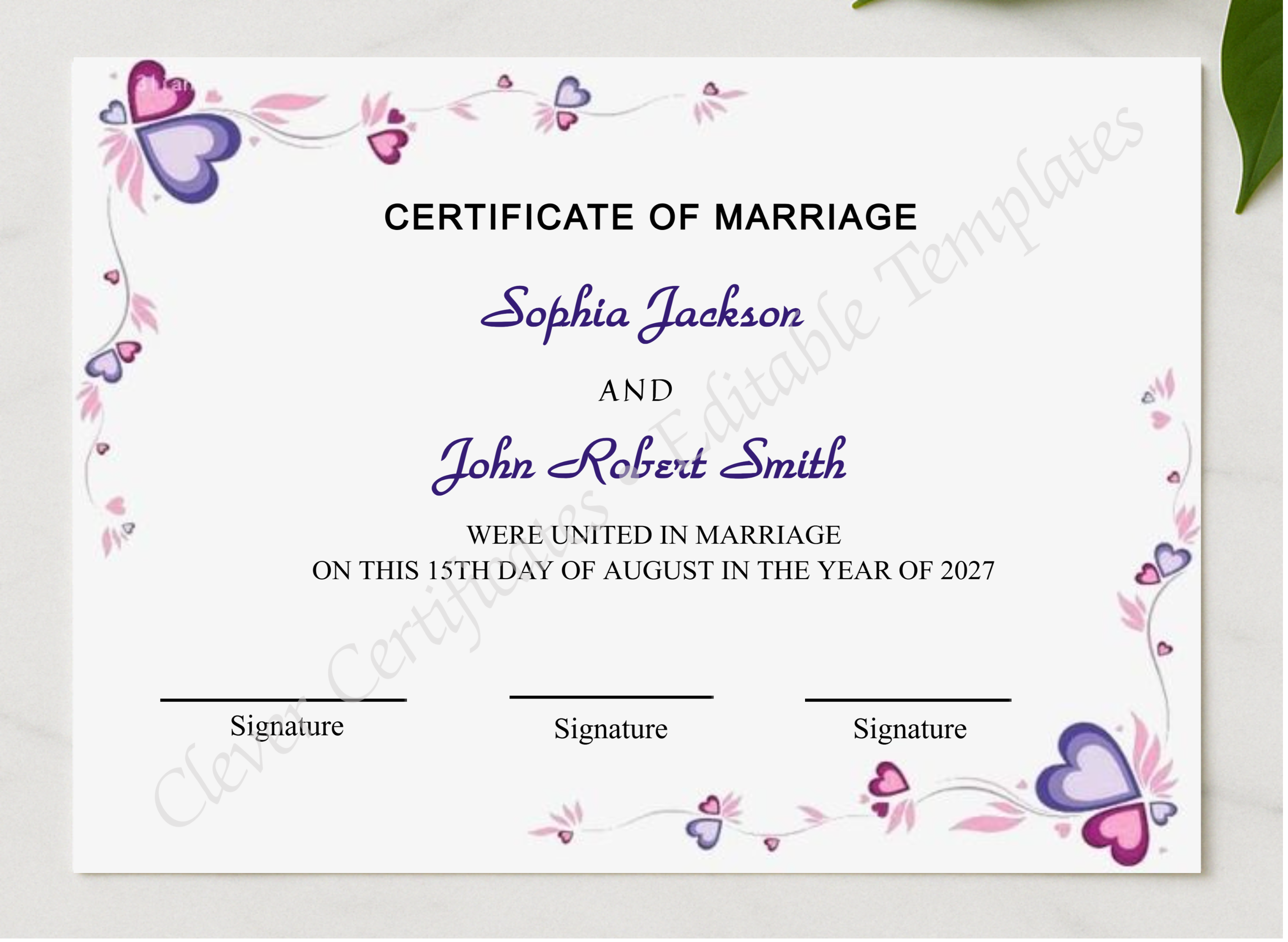 Marriage Certificate Design presented in a sleek wooden frame, elegantly arranged on a stylish table.