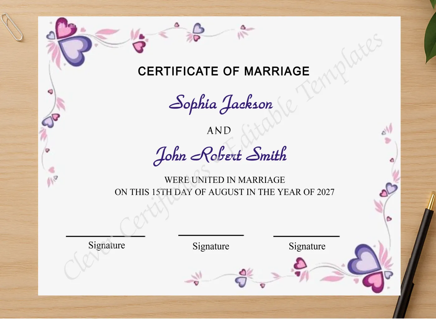 Professional preview of Marriage Certificate Design certificate on high-quality stationery paper, ideal for showcasing the final look.