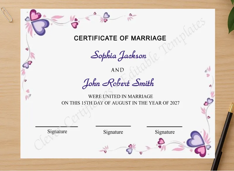 Professional preview of Marriage Certificate Design certificate on high-quality stationery paper, ideal for showcasing the final look.