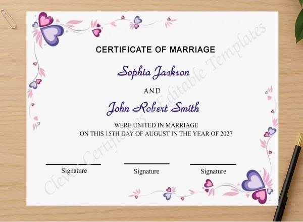 Professional preview of Marriage Certificate Design certificate on high-quality stationery paper, ideal for showcasing the final look.