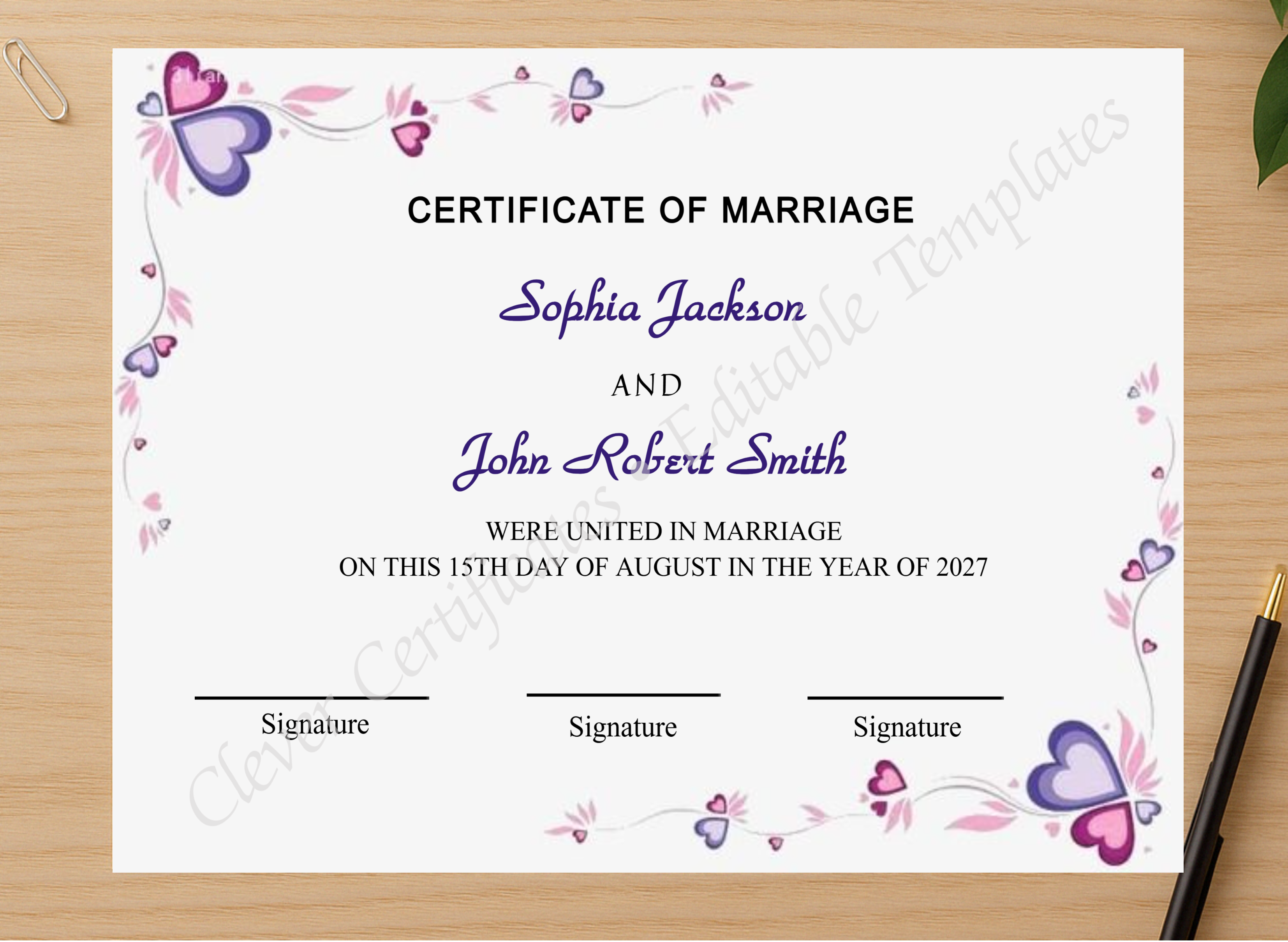 Professional preview of Marriage Certificate Design certificate on high-quality stationery paper, ideal for showcasing the final look.