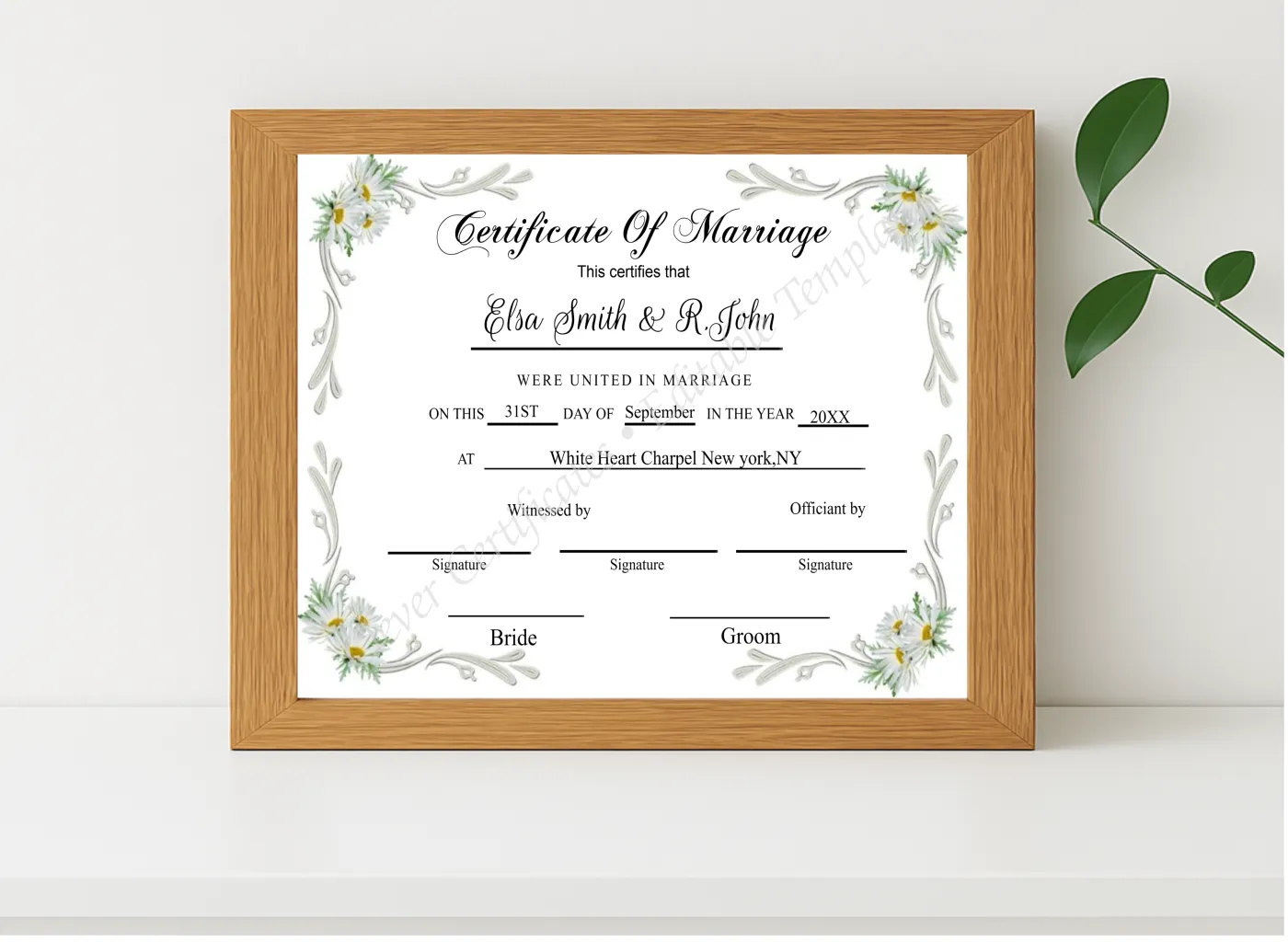 Realistic mockup featuring WEDDING KEEPSAKE CERTIFICATE displayed within a modern frame, set against a minimalistic background.