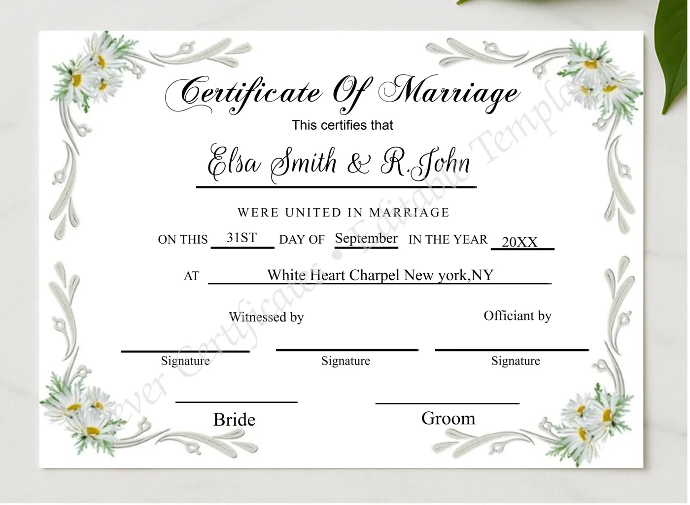 WEDDING KEEPSAKE CERTIFICATE presented in a sleek wooden frame, elegantly arranged on a stylish table.