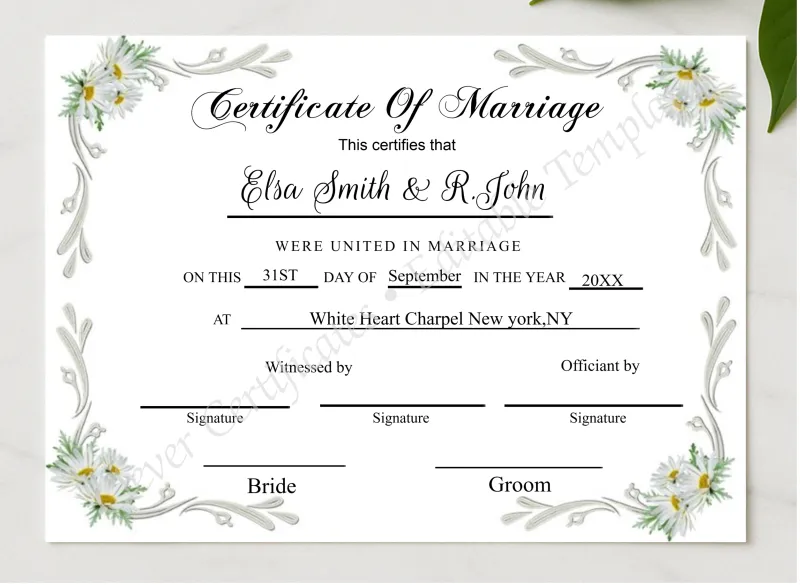 WEDDING KEEPSAKE CERTIFICATE presented in a sleek wooden frame, elegantly arranged on a stylish table.