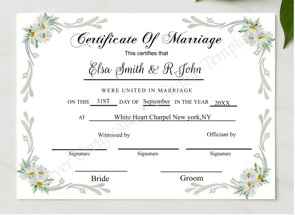 WEDDING KEEPSAKE CERTIFICATE presented in a sleek wooden frame, elegantly arranged on a stylish table.