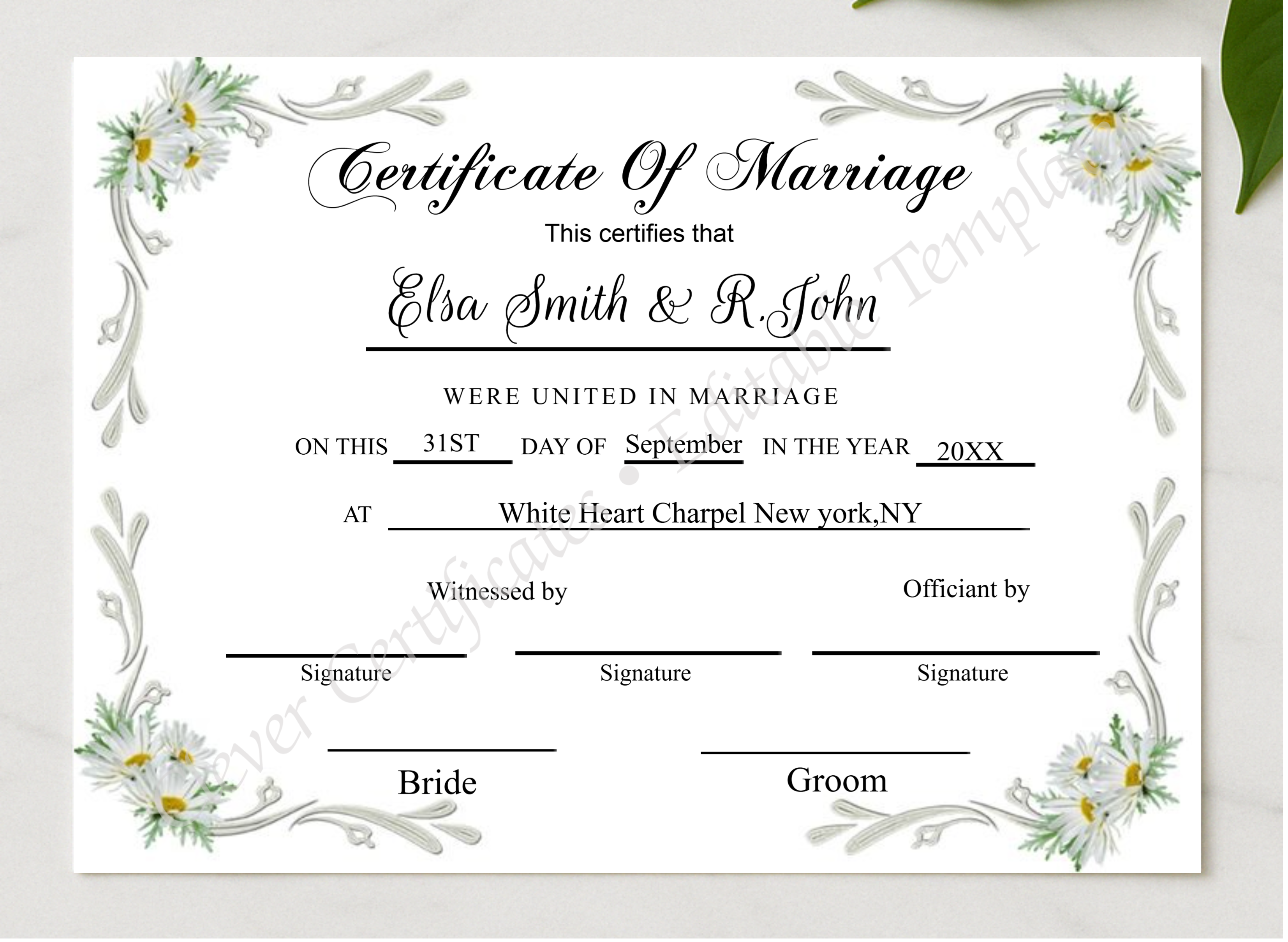 WEDDING KEEPSAKE CERTIFICATE presented in a sleek wooden frame, elegantly arranged on a stylish table.