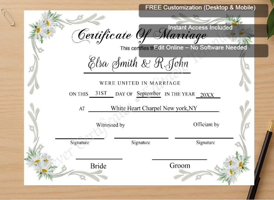 Zoomed preview with Free Editor badge stack for WEDDING KEEPSAKE CERTIFICATE