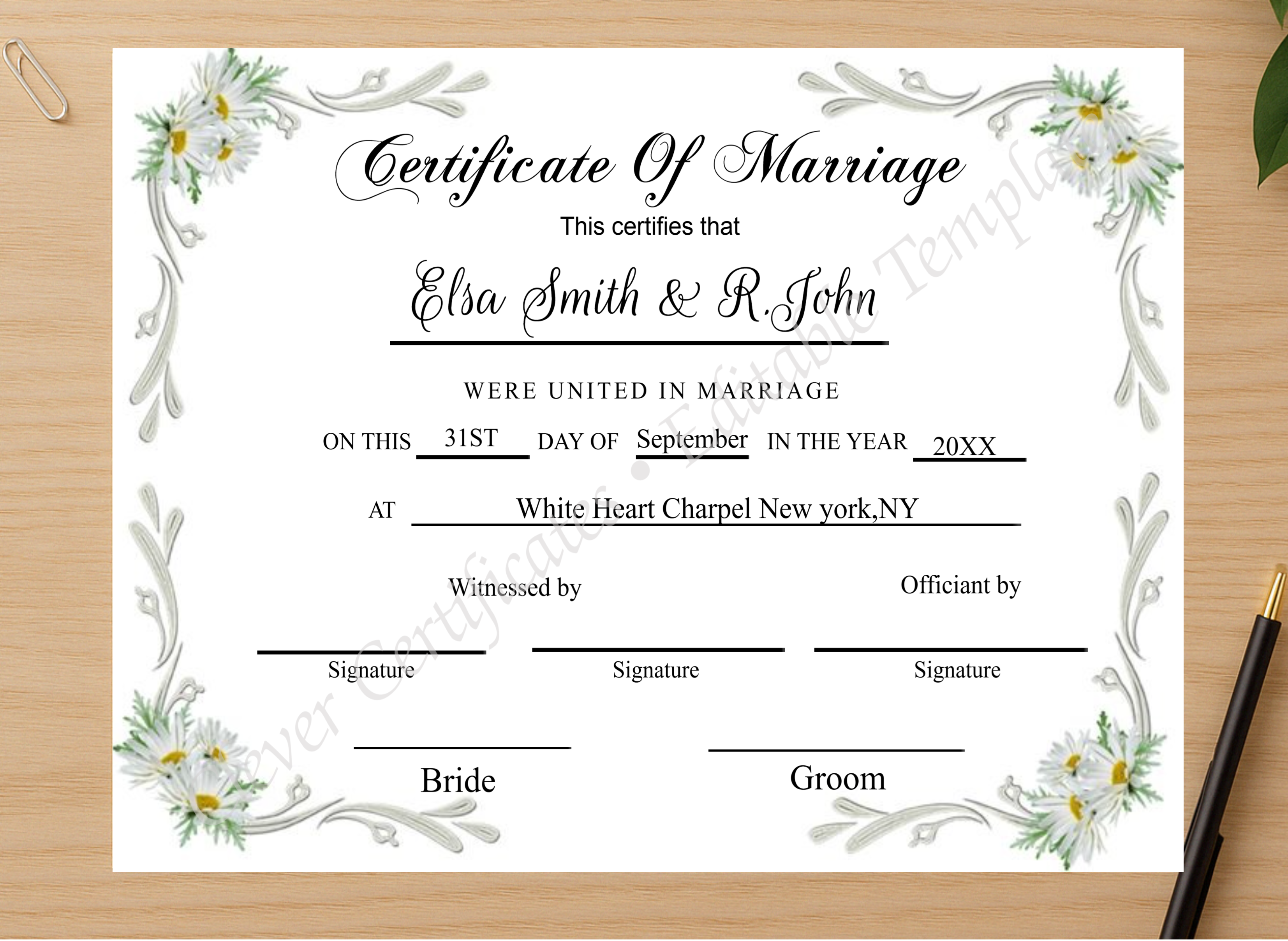 Professional preview of WEDDING KEEPSAKE CERTIFICATE certificate on high-quality stationery paper, ideal for showcasing the final look.