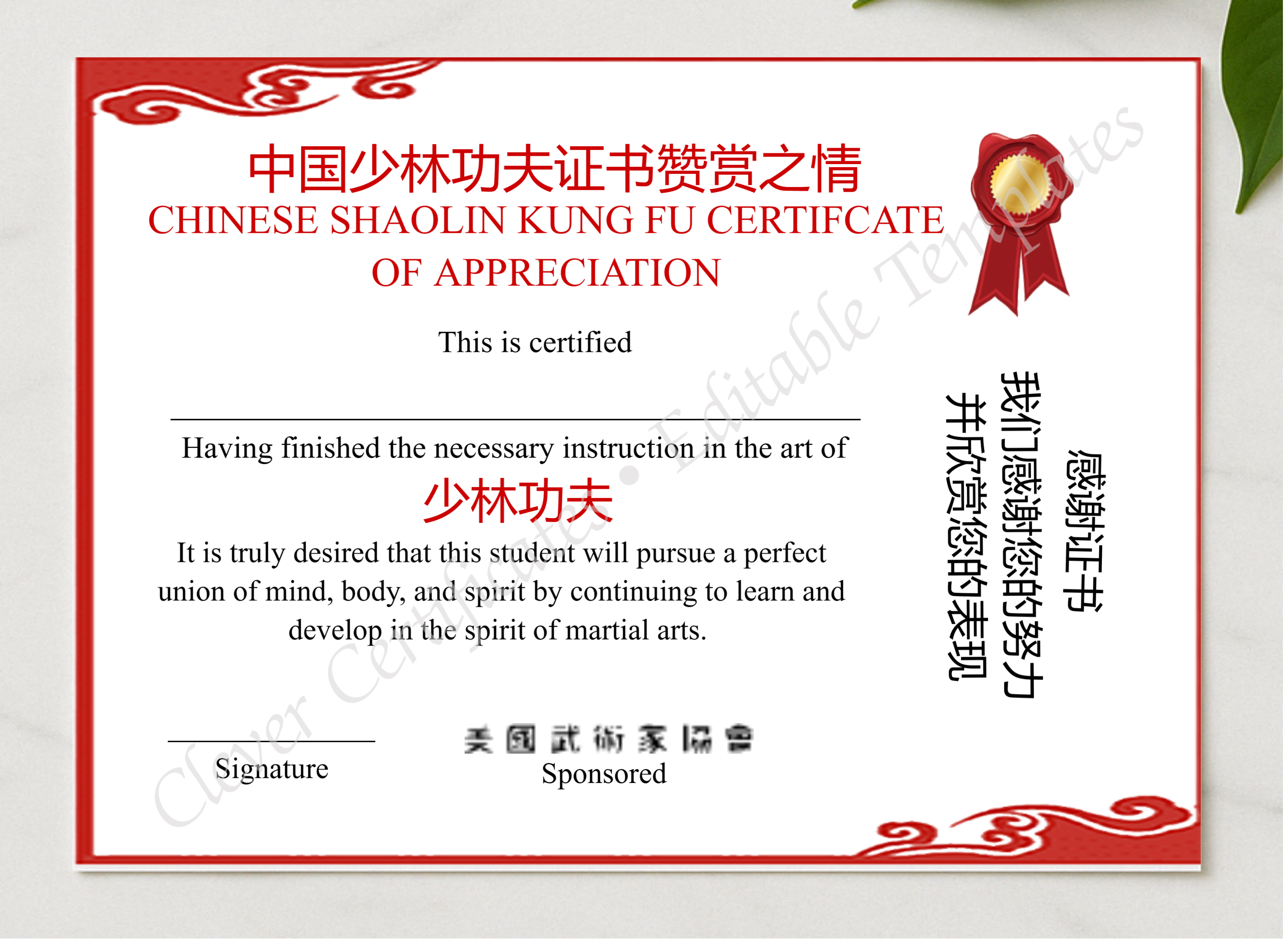 Editable Shaolin Kung Fu Certificate Of Appreciation presented in a sleek wooden frame, elegantly arranged on a stylish table.