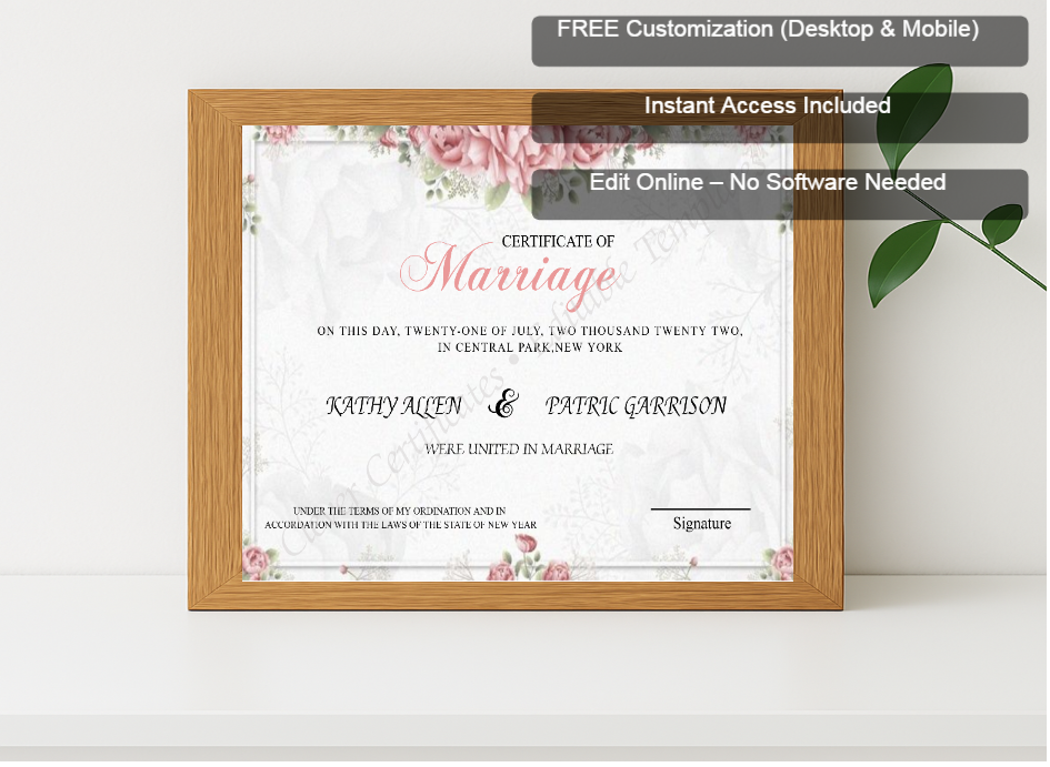 Premium mockup with Free Editor badge stack for Editable Marriage Certificate