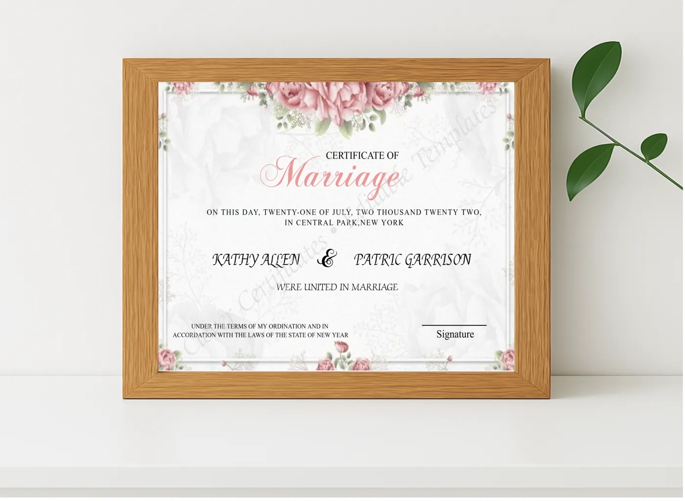 Realistic mockup featuring Editable Marriage Certificate displayed within a modern frame, set against a minimalistic background.