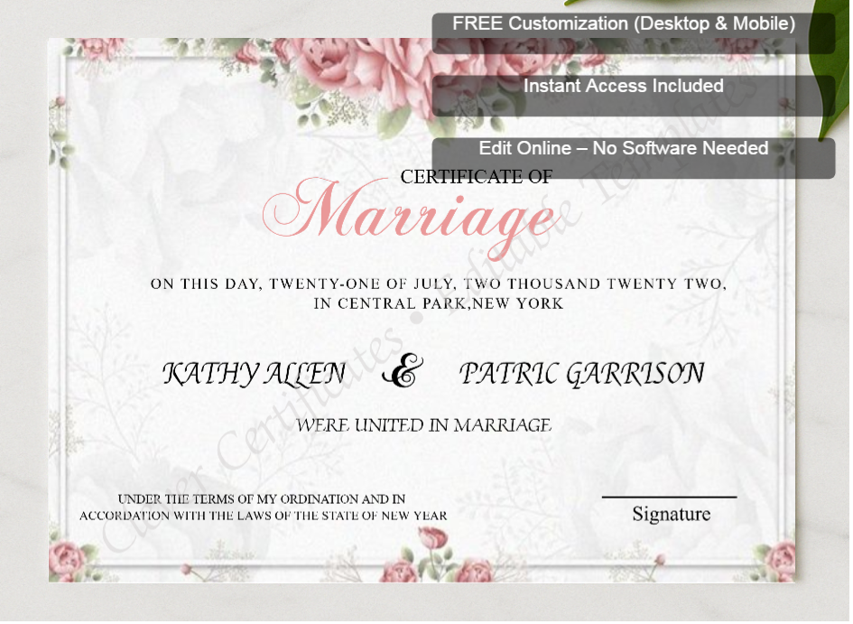 Framed preview featuring Free Editor badge stack for Editable Marriage Certificate
