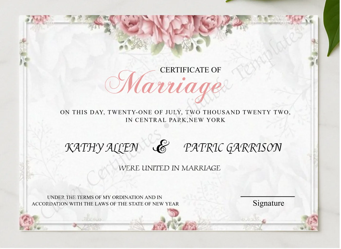 Editable Marriage Certificate presented in a sleek wooden frame, elegantly arranged on a stylish table.