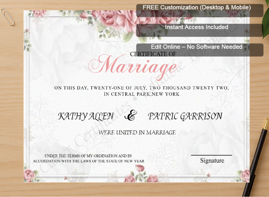 Zoomed preview with Free Editor badge stack for Editable Marriage Certificate