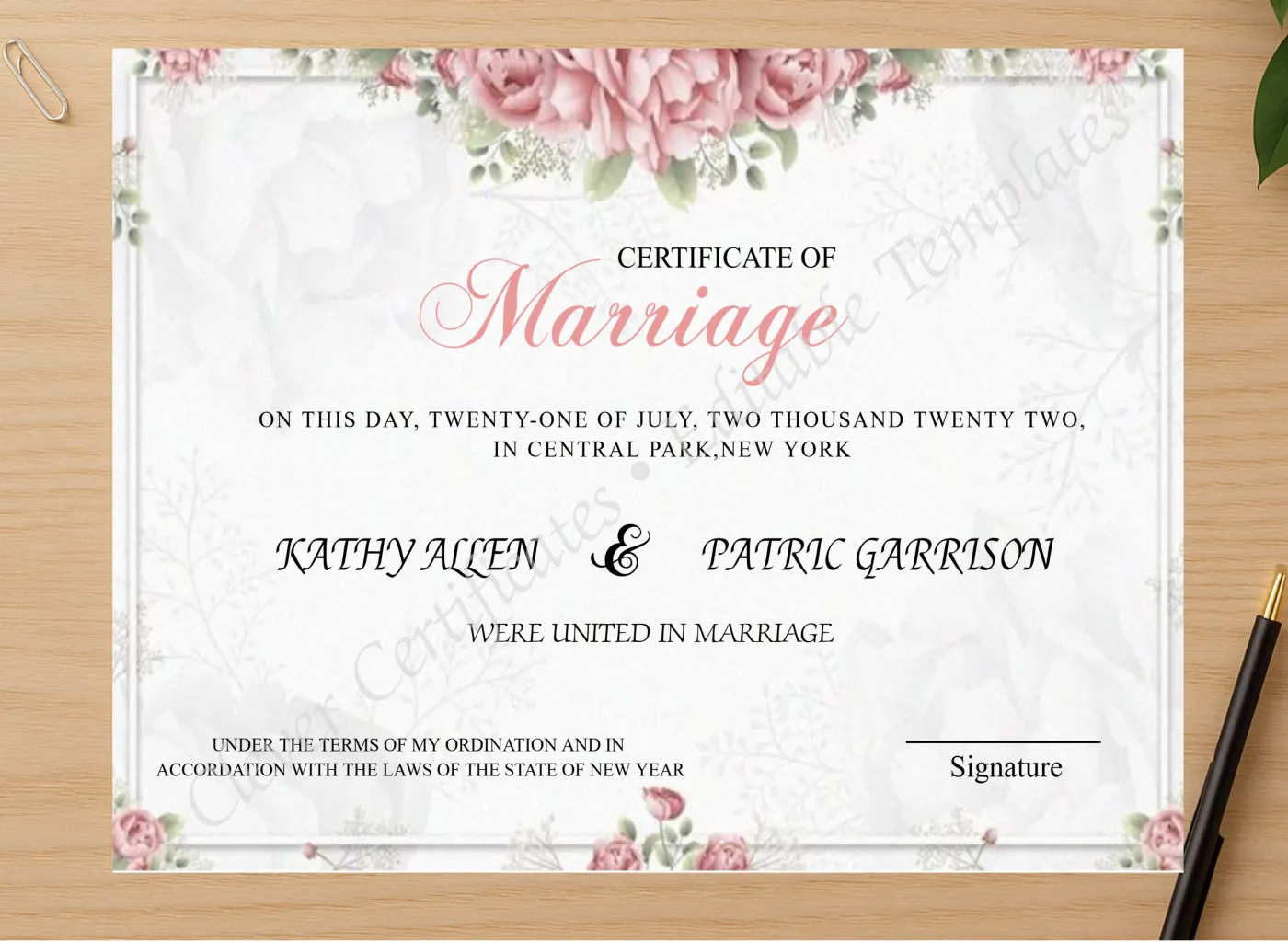 Professional preview of Editable Marriage Certificate certificate on high-quality stationery paper, ideal for showcasing the final look.