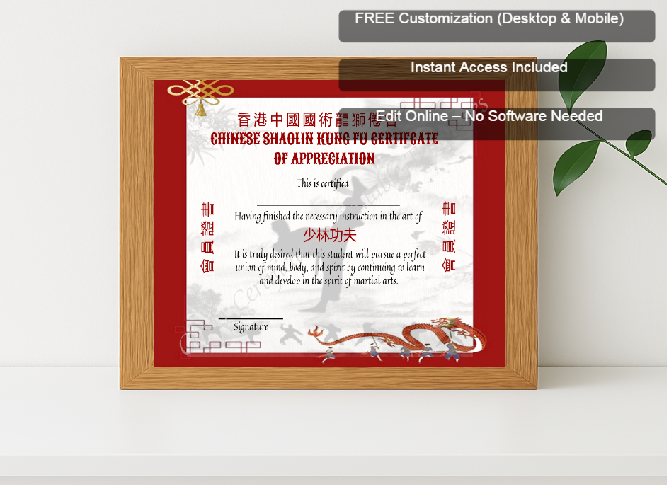 Premium mockup with Free Editor badge stack for Editable Shaolin Kung Fu Art Certificate