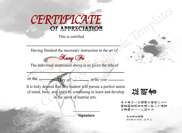 Editable Shin Ji Kung Fu Certificate Of Appreciation