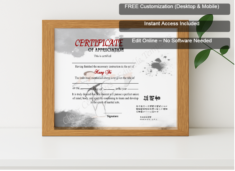 Premium mockup with Free Editor badge stack for Editable Shin Ji Kung Fu Certificate Of Appreciation