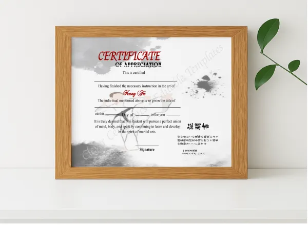 Realistic mockup featuring Editable Shin Ji Kung Fu Certificate Of Appreciation displayed within a modern frame, set against a minimalistic background.