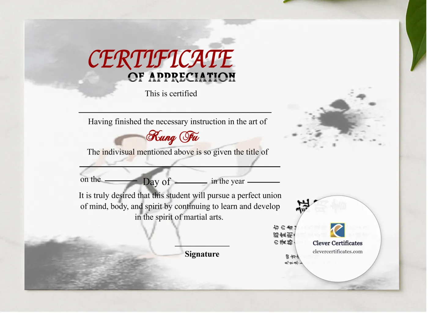 Editable Shin Ji Kung Fu Certificate Of Appreciation presented in a sleek wooden frame, elegantly arranged on a stylish table.