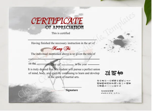 Editable Shin Ji Kung Fu Certificate Of Appreciation presented in a sleek wooden frame, elegantly arranged on a stylish table.