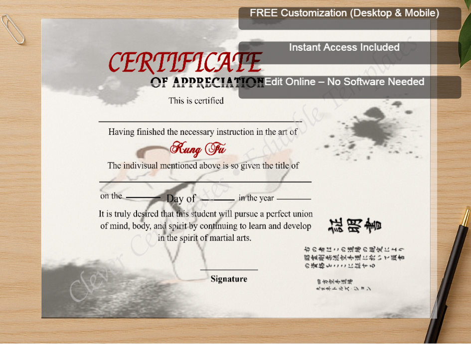 Zoomed preview with Free Editor badge stack for Editable Shin Ji Kung Fu Certificate Of Appreciation