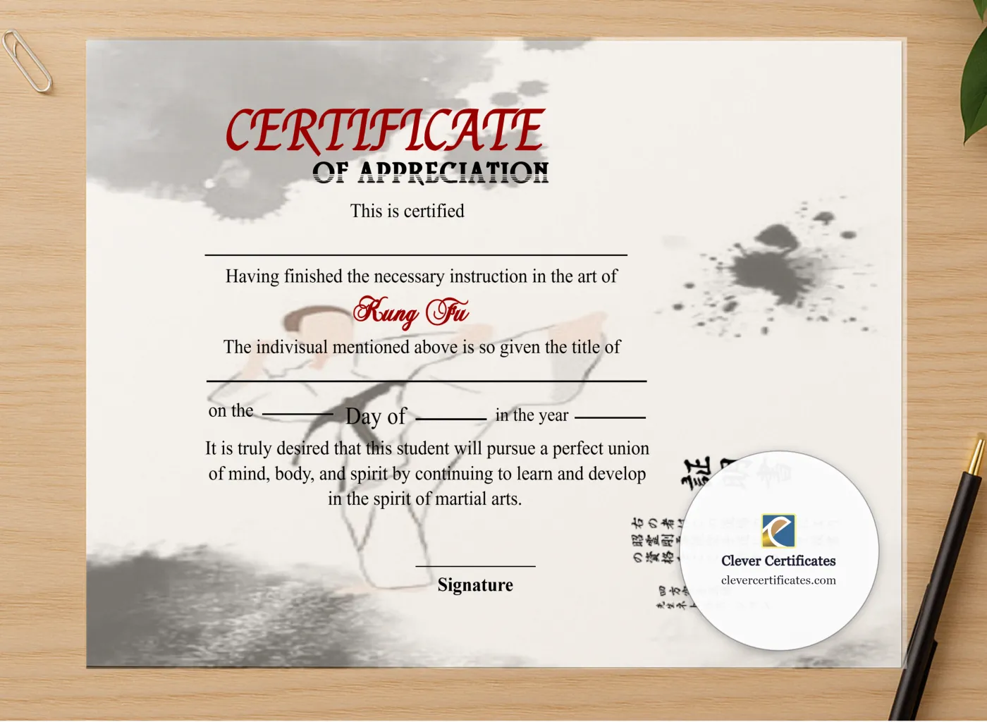 Professional preview of Editable Shin Ji Kung Fu Certificate Of Appreciation certificate on high-quality stationery paper, ideal for showcasing the final look.