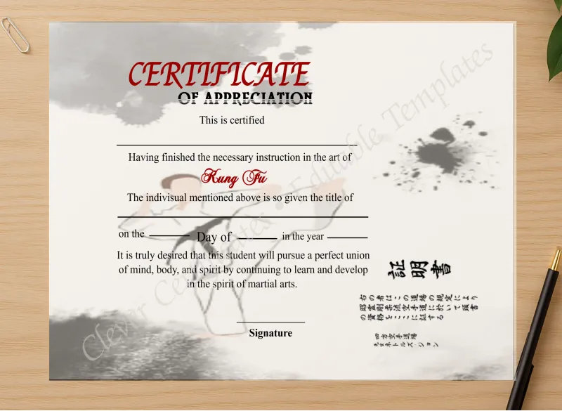 Professional preview of Editable Shin Ji Kung Fu Certificate Of Appreciation certificate on high-quality stationery paper, ideal for showcasing the final look.