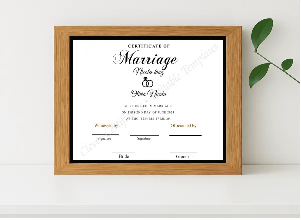Realistic mockup featuring EDITABLE SIMPLE MARRIAGE CERTIFICATE displayed within a modern frame, set against a minimalistic background.