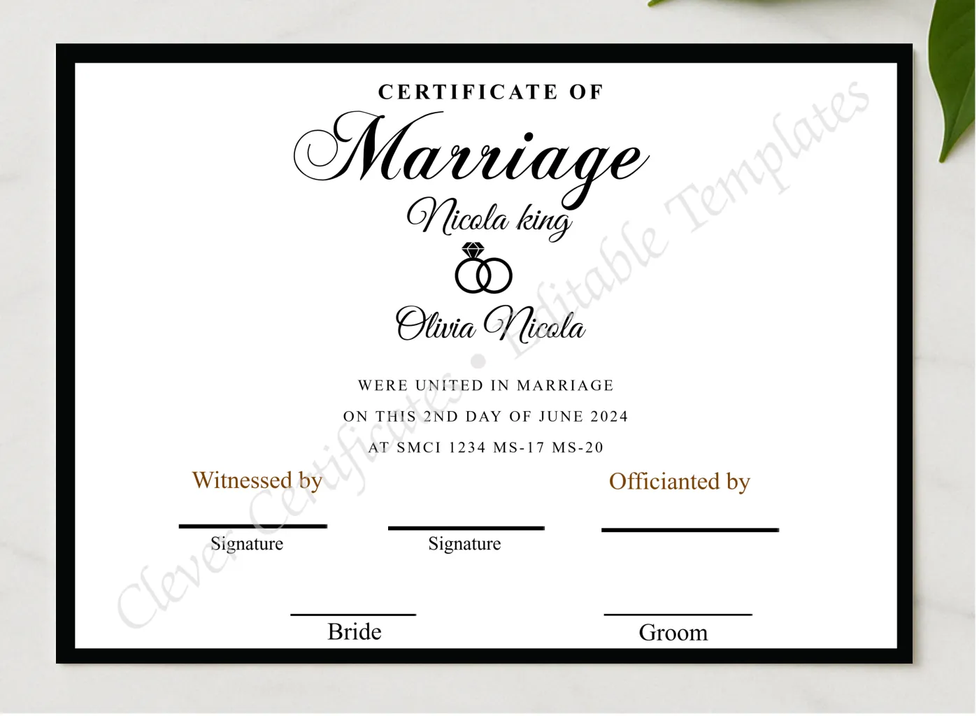 EDITABLE SIMPLE MARRIAGE CERTIFICATE presented in a sleek wooden frame, elegantly arranged on a stylish table.