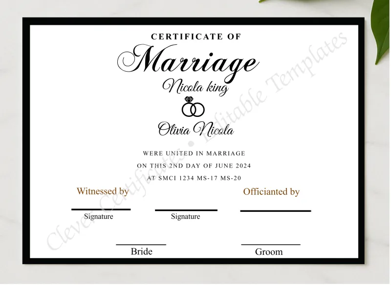 EDITABLE SIMPLE MARRIAGE CERTIFICATE presented in a sleek wooden frame, elegantly arranged on a stylish table.