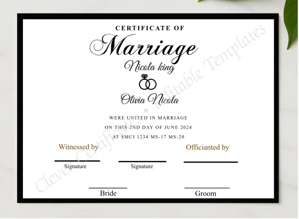 EDITABLE SIMPLE MARRIAGE CERTIFICATE presented in a sleek wooden frame, elegantly arranged on a stylish table.