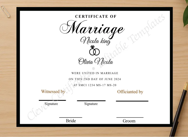 Professional preview of EDITABLE SIMPLE MARRIAGE CERTIFICATE certificate on high-quality stationery paper, ideal for showcasing the final look.