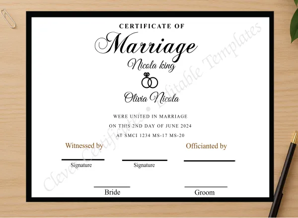 Professional preview of EDITABLE SIMPLE MARRIAGE CERTIFICATE certificate on high-quality stationery paper, ideal for showcasing the final look.