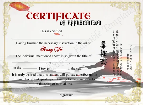 Editable Shin Ji Kung Fu Appreciation Certificate 