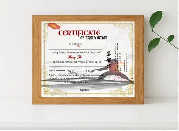 Realistic mockup featuring Editable Shin Ji Kung Fu Appreciation Certificate  displayed within a modern frame, set against a minimalistic background.