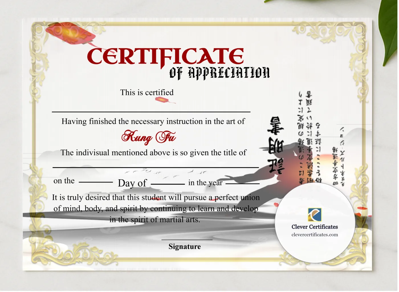 Editable Shin Ji Kung Fu Appreciation Certificate  presented in a sleek wooden frame, elegantly arranged on a stylish table.